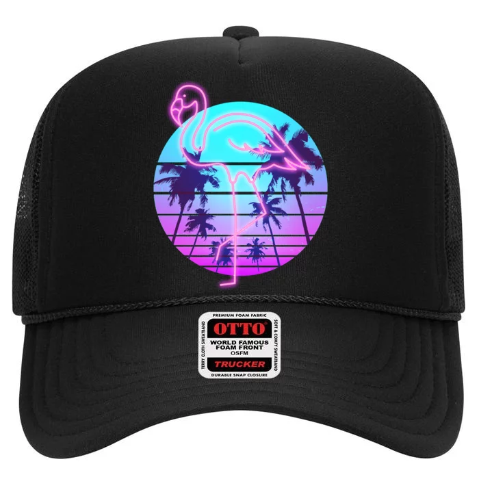 Retro Eighties 80's Neon Flamingo Emblem High Crown Mesh Trucker Hat