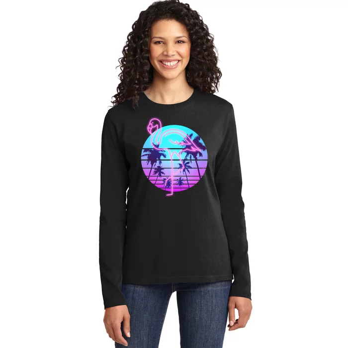 Retro Eighties 80's Neon Flamingo Emblem Ladies Long Sleeve Shirt