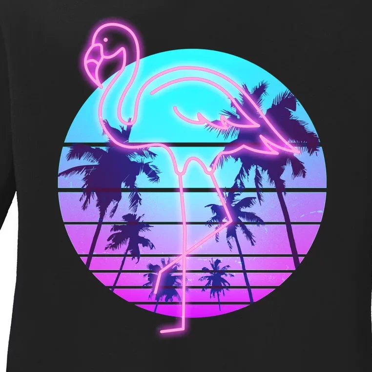 Retro Eighties 80's Neon Flamingo Emblem Ladies Long Sleeve Shirt