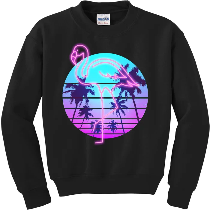 Retro Eighties 80's Neon Flamingo Emblem Kids Sweatshirt