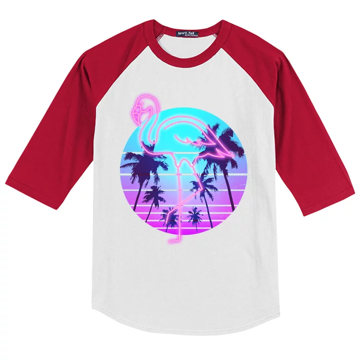 Retro Eighties 80's Neon Flamingo Emblem Kids Colorblock Raglan Jersey