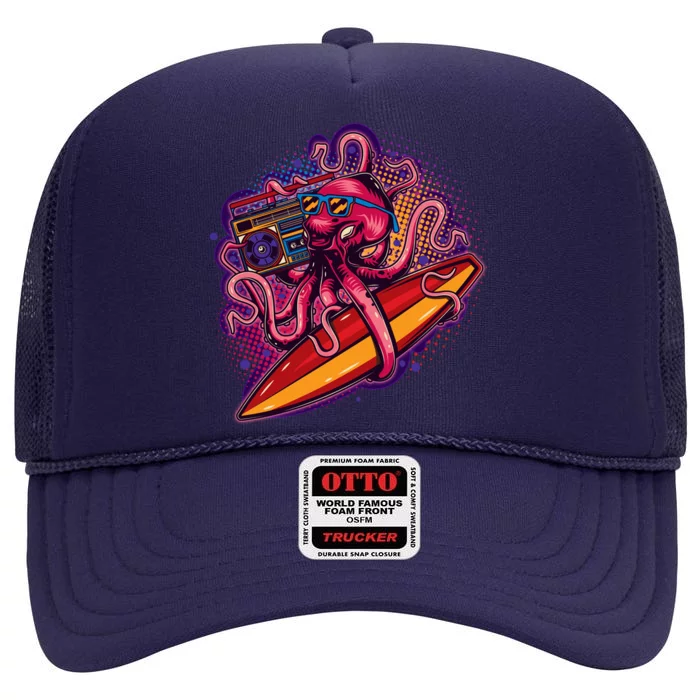 Retro Eighties 80's Surfer Octopus High Crown Mesh Trucker Hat