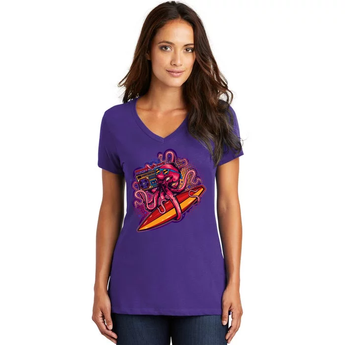 Retro Eighties 80's Surfer Octopus Women's V-Neck T-Shirt