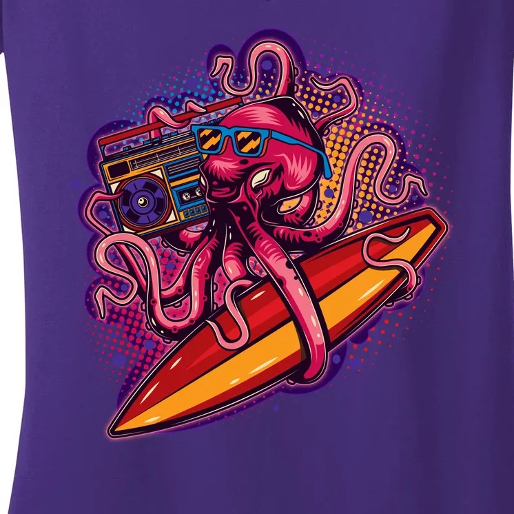 Retro Eighties 80's Surfer Octopus Women's V-Neck T-Shirt