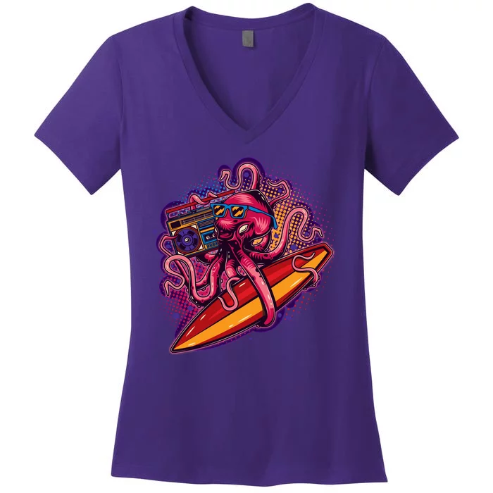 Retro Eighties 80's Surfer Octopus Women's V-Neck T-Shirt