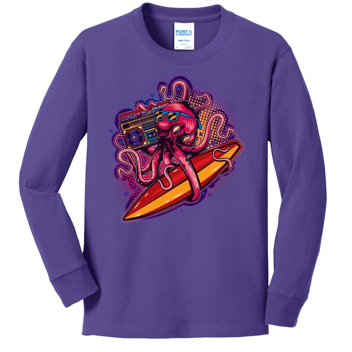 Retro Eighties 80's Surfer Octopus Kids Long Sleeve Shirt