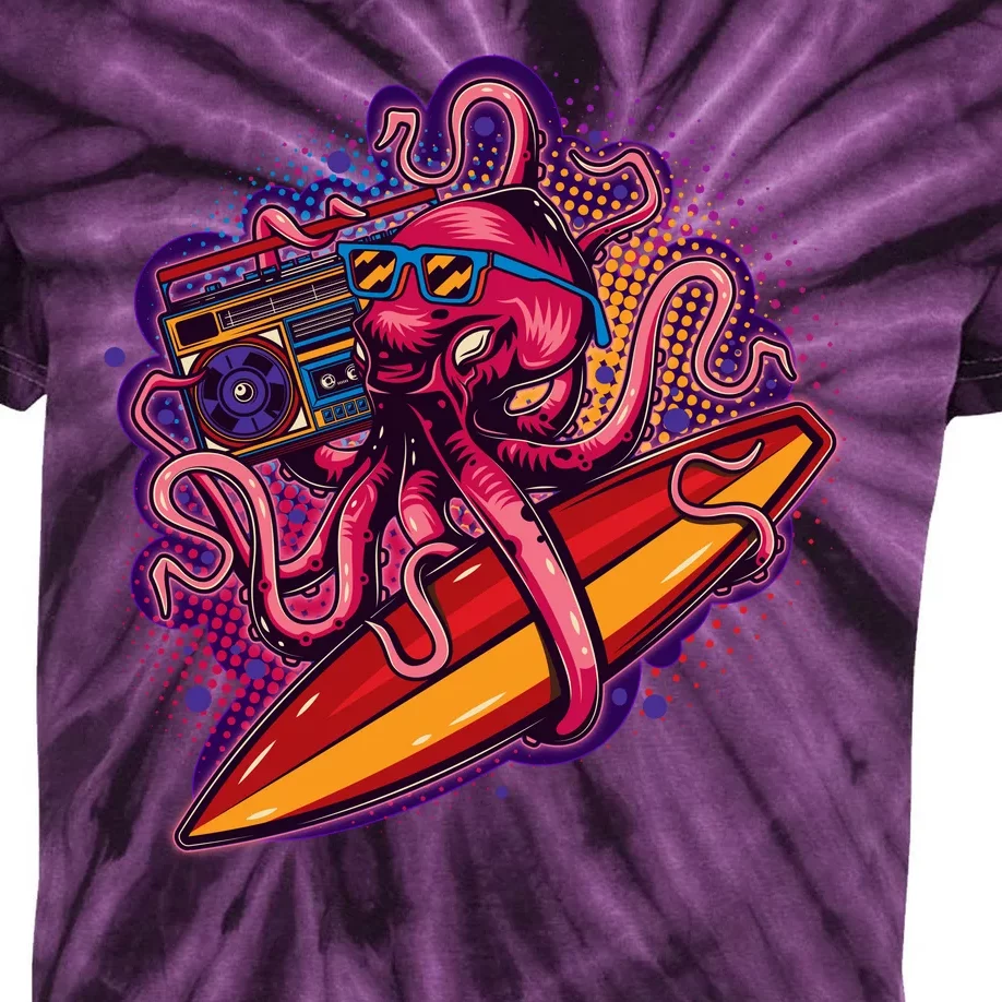 Retro Eighties 80's Surfer Octopus Kids Tie-Dye T-Shirt