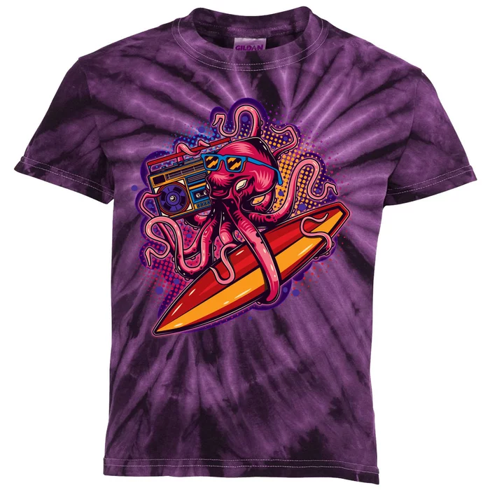 Retro Eighties 80's Surfer Octopus Kids Tie-Dye T-Shirt