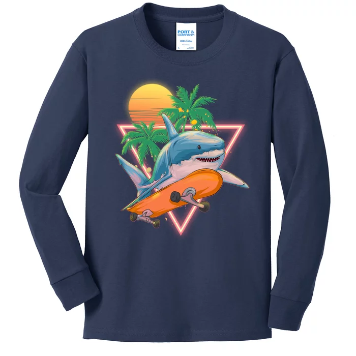 Retro Eighties 80's Skateboarding Shark Kids Long Sleeve Shirt