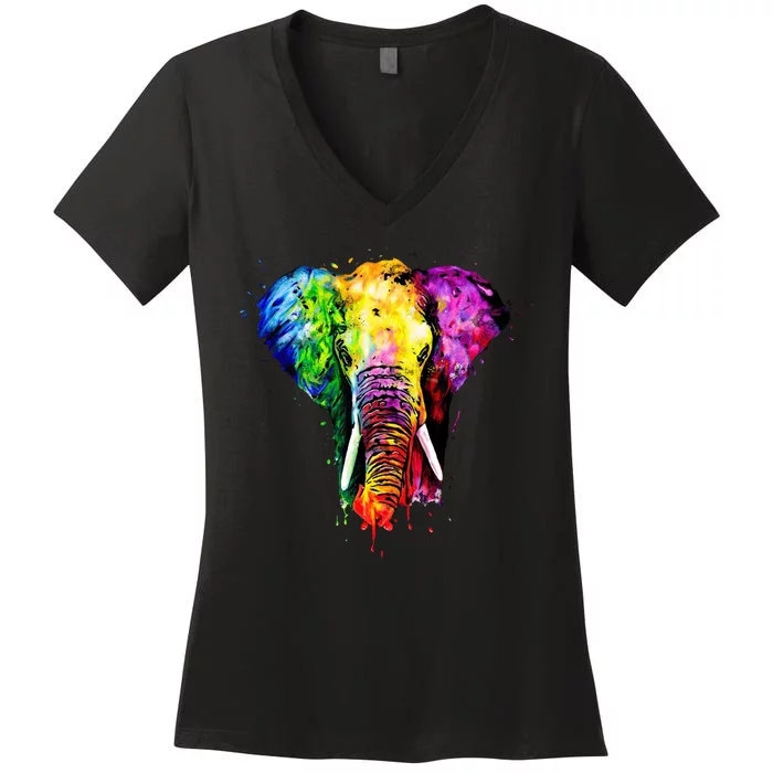 Rainbow Elephant Art Cute Gift Women's V-Neck T-Shirt