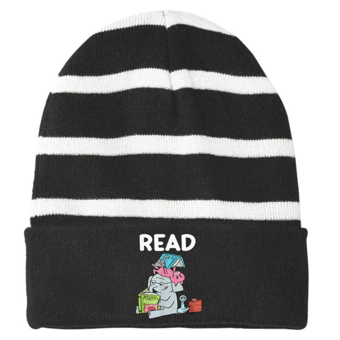 Reading Elephant And Book Lovers Friendship Striped Beanie with Solid Band