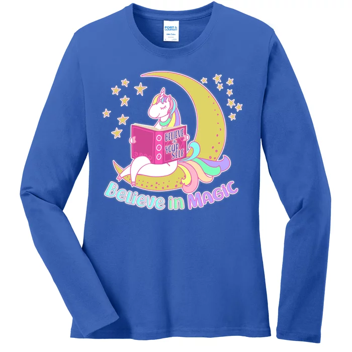 Reading Unicorn Believe In Yourself & Magic Ladies Long Sleeve Shirt