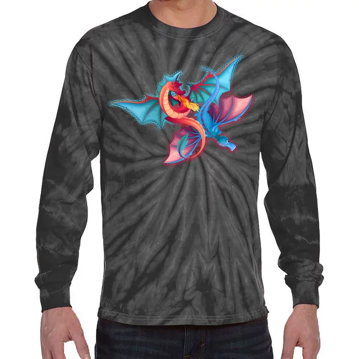 Red And Blue Flying Dragons Tie-Dye Long Sleeve Shirt