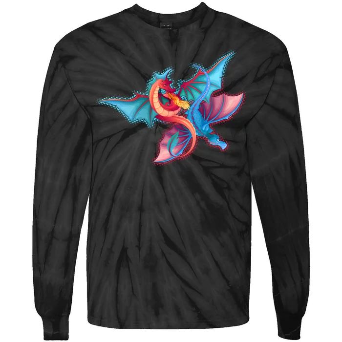 Red And Blue Flying Dragons Tie-Dye Long Sleeve Shirt