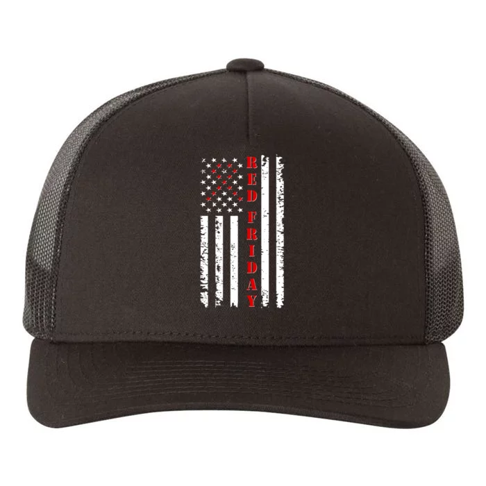 Red Friday Distressed Ribbon US Flag Support Veterans Yupoong Adult 5-Panel Trucker Hat