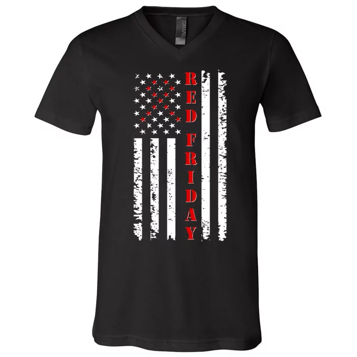 Red Friday Distressed Ribbon US Flag Support Veterans V-Neck T-Shirt