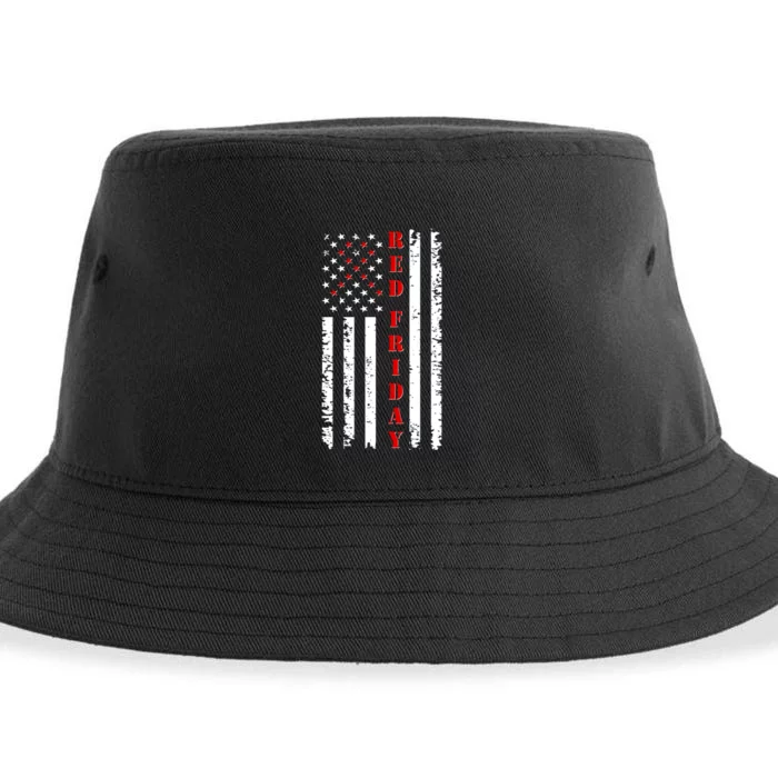 Red Friday Distressed Ribbon US Flag Support Veterans Sustainable Bucket Hat