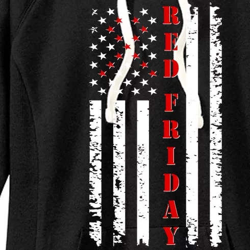 Red Friday Distressed Ribbon US Flag Support Veterans Women's Fleece Hoodie