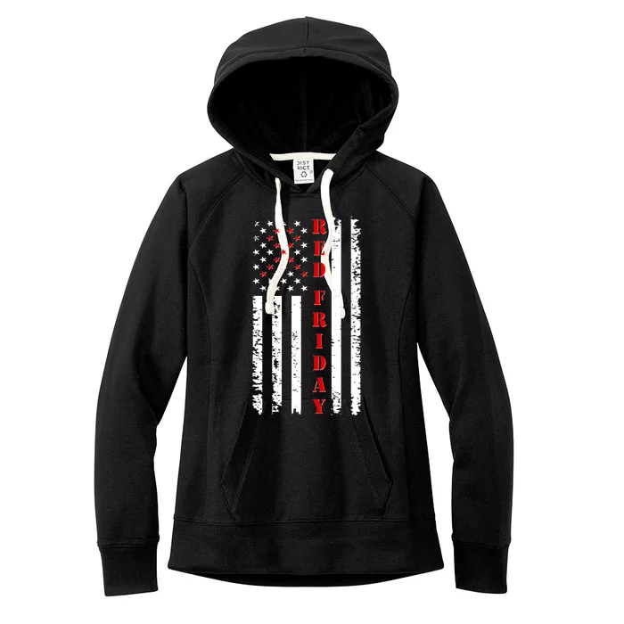 Red Friday Distressed Ribbon US Flag Support Veterans Women's Fleece Hoodie