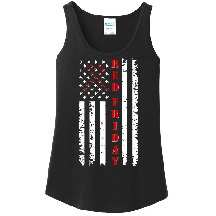 Red Friday Distressed Ribbon US Flag Support Veterans Ladies Essential Tank