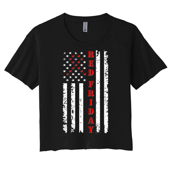 Red Friday Distressed Ribbon US Flag Support Veterans Women's Crop Top Tee