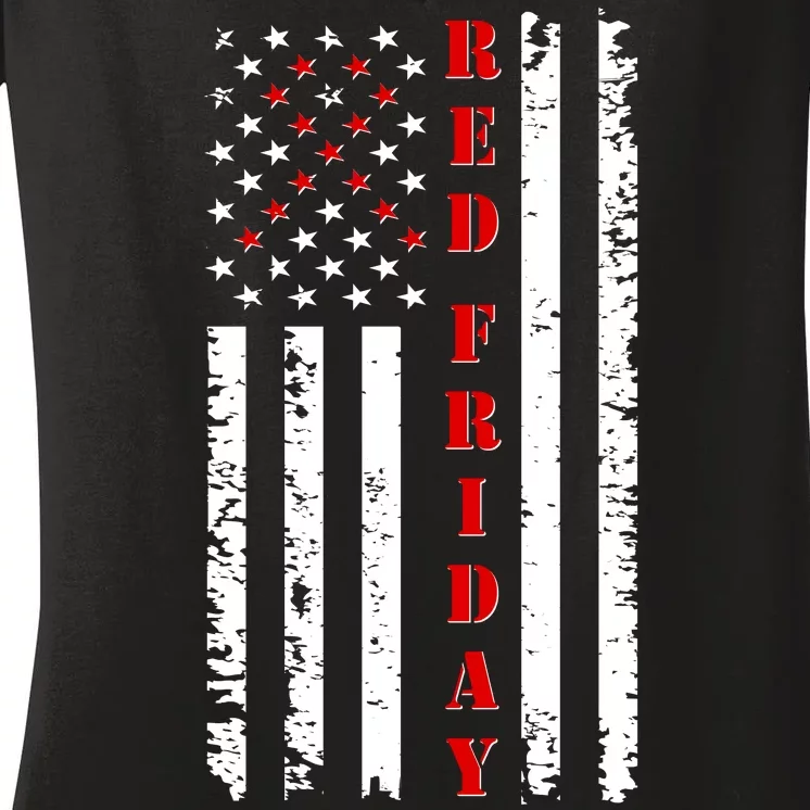 Red Friday Distressed Ribbon US Flag Support Veterans Women's V-Neck T-Shirt