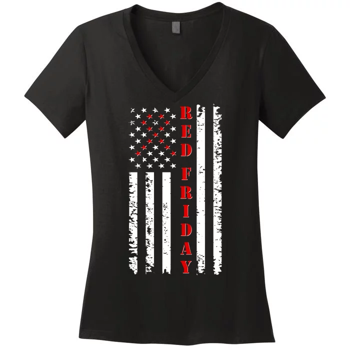 Red Friday Distressed Ribbon US Flag Support Veterans Women's V-Neck T-Shirt