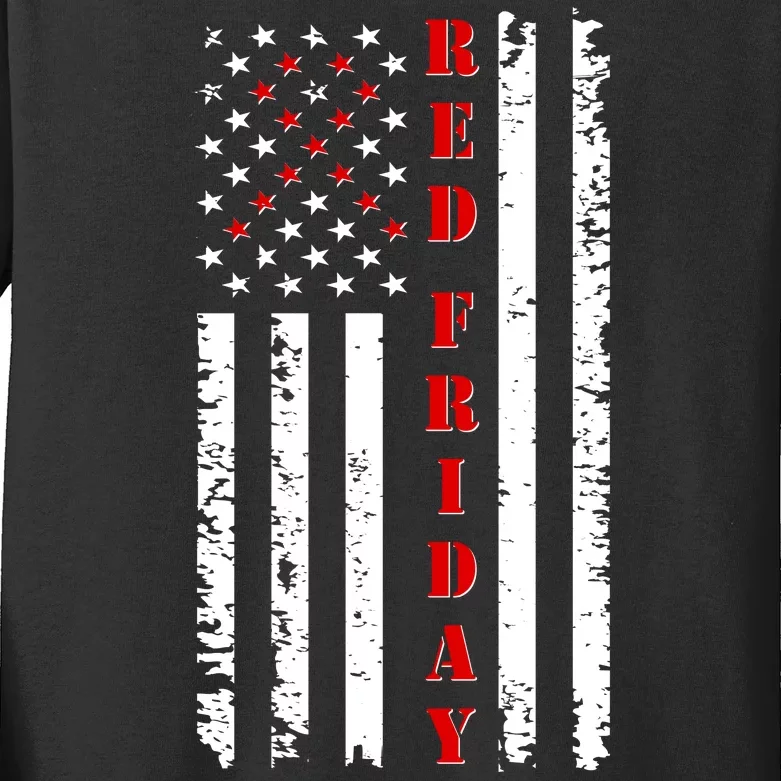 Red Friday Distressed Ribbon US Flag Support Veterans Kids Long Sleeve Shirt