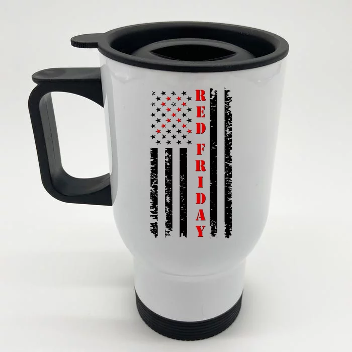 Red Friday Distressed Ribbon US Flag Support Veterans Front & Back Stainless Steel Travel Mug