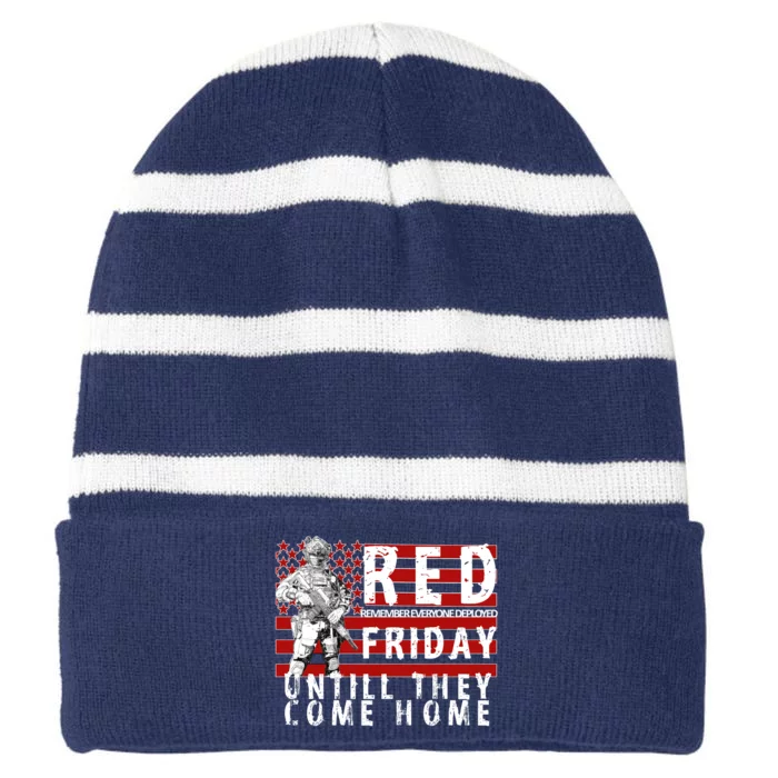 Red Friday Until They All Come Home Support Our Veterans Striped Beanie with Solid Band