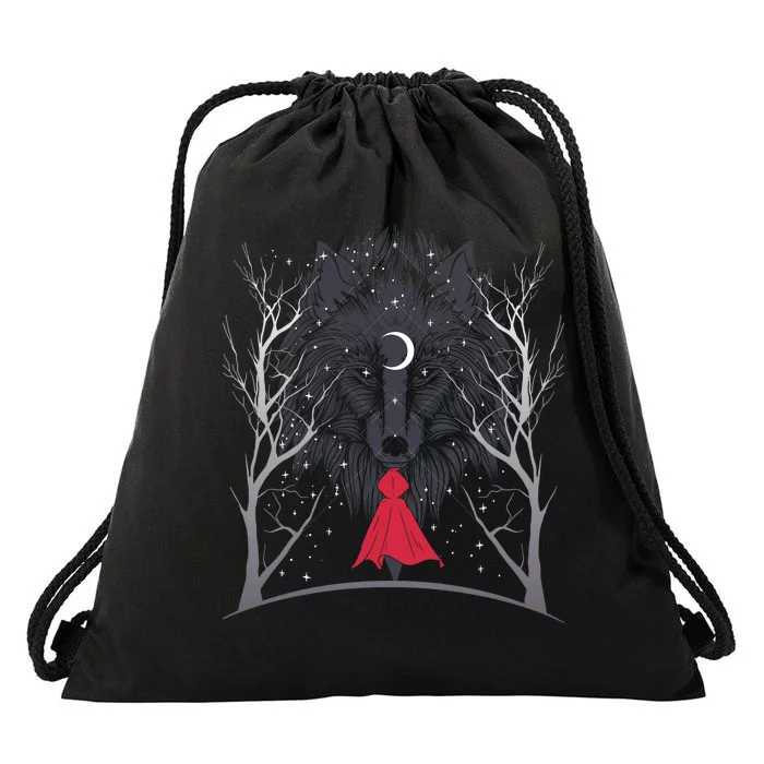 Red Hood Night Wolf Moon Crest Drawstring Bag