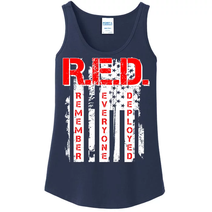 RED Remember Everyone Deployed Distressed Flag Ladies Essential Tank