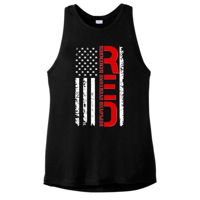 RED Remember Everyone Deployed Distressed US Flag Ladies Tri-Blend Wicking Tank