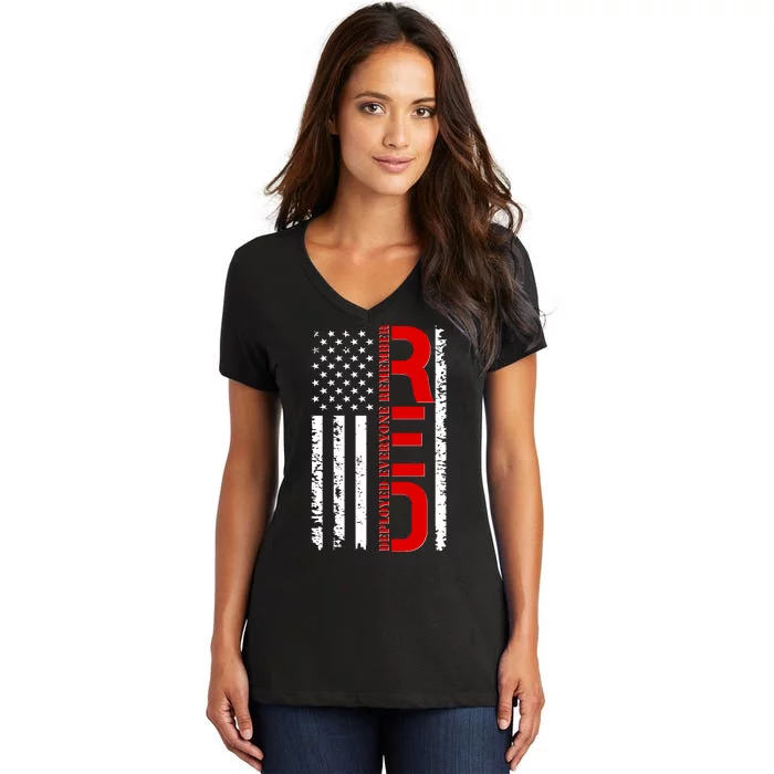 RED Remember Everyone Deployed Distressed US Flag Women's V-Neck T-Shirt