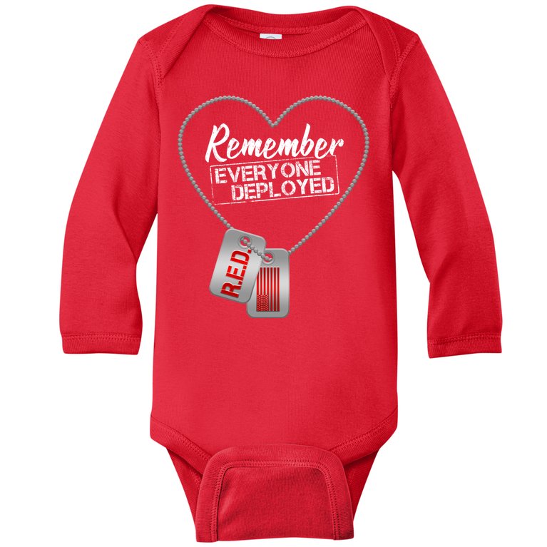 RED Remember Everyone Deployed Dog tags Baby Long Sleeve Bodysuit