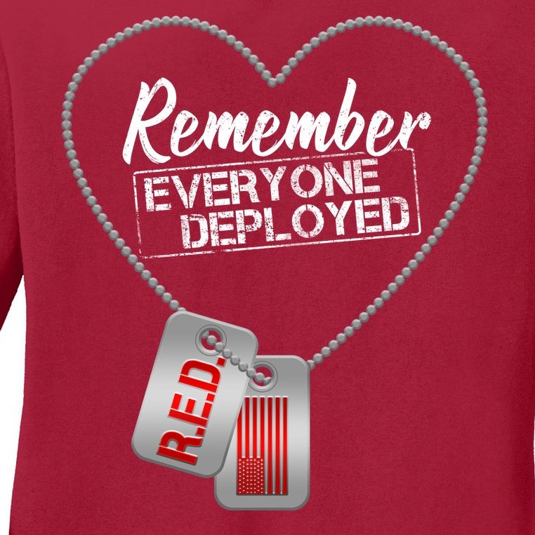 RED Remember Everyone Deployed Dog tags Ladies Missy Fit Long Sleeve Shirt