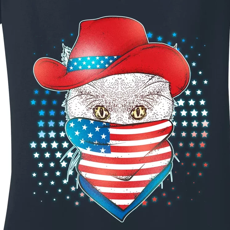 Red White and Blue Cowboy Cat Women's V-Neck T-Shirt