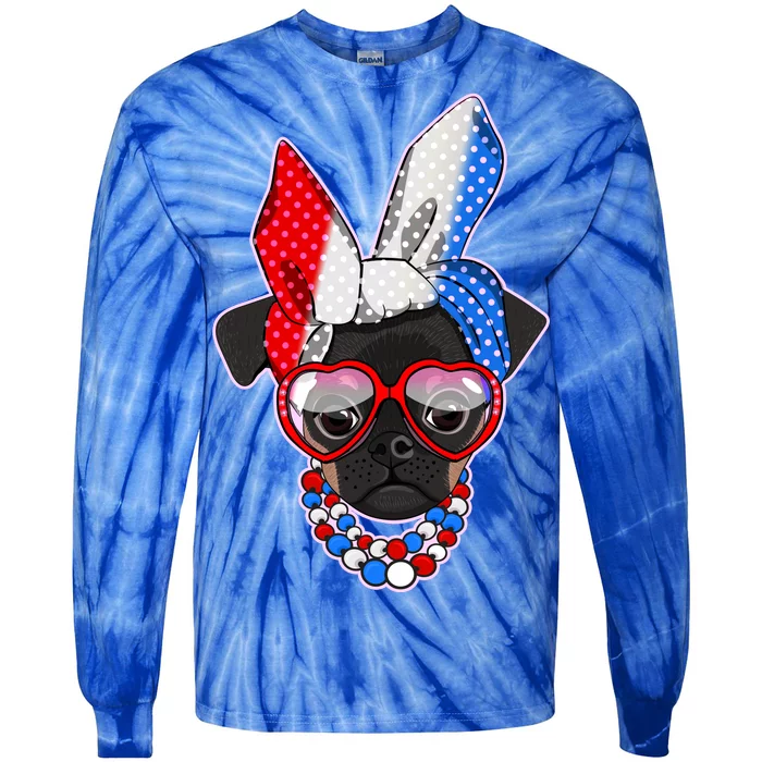 Red White And Blue Hipster Pug Tie-Dye Long Sleeve Shirt