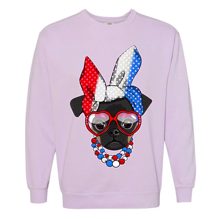 Red White And Blue Hipster Pug Garment-Dyed Sweatshirt