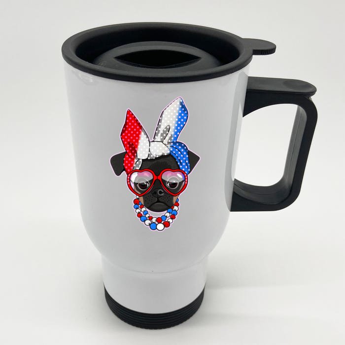 Red White And Blue Hipster Pug Front & Back Stainless Steel Travel Mug