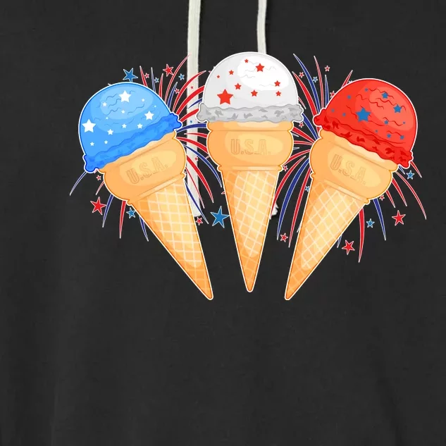 Red White and Blue USA American Ice Cream Cones Garment-Dyed Fleece Hoodie