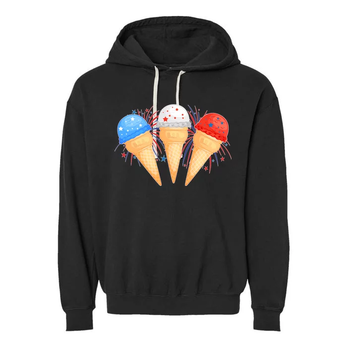 Red White and Blue USA American Ice Cream Cones Garment-Dyed Fleece Hoodie