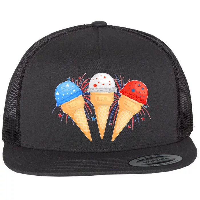 Red White and Blue USA American Ice Cream Cones Flat Bill Trucker Hat
