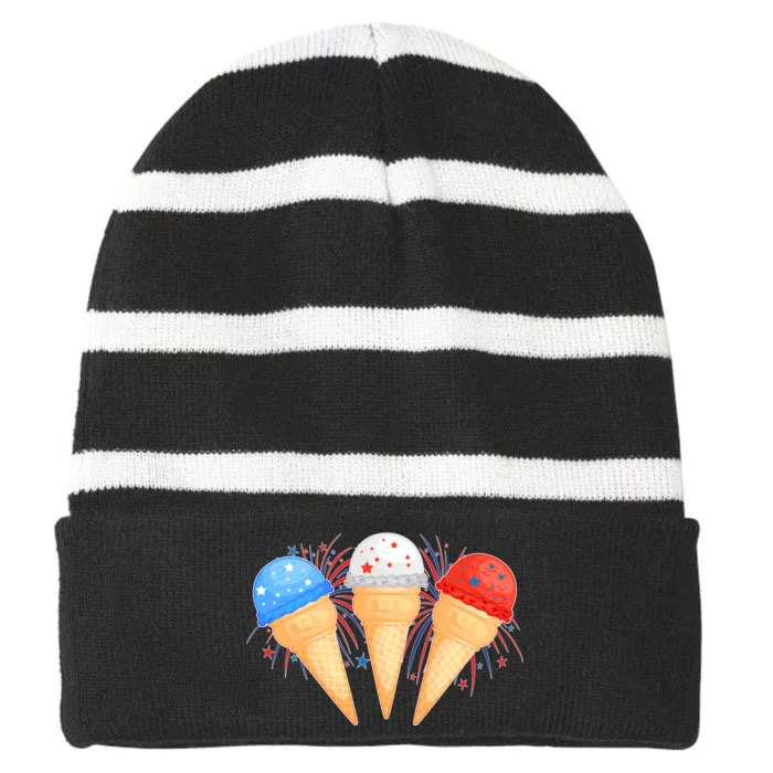 Red White and Blue USA American Ice Cream Cones Striped Beanie with Solid Band