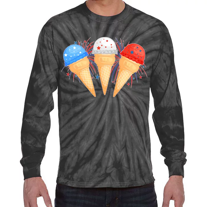 Red White and Blue USA American Ice Cream Cones Tie-Dye Long Sleeve Shirt