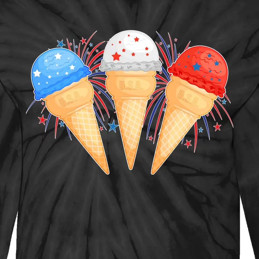 Red White and Blue USA American Ice Cream Cones Tie-Dye Long Sleeve Shirt