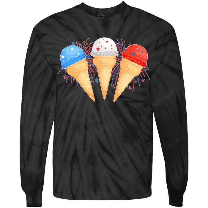 Red White and Blue USA American Ice Cream Cones Tie-Dye Long Sleeve Shirt