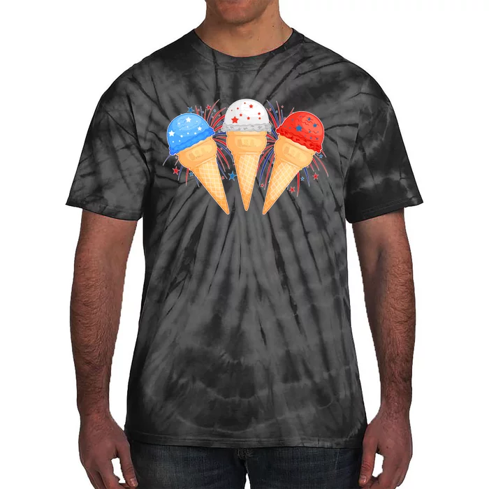 Red White and Blue USA American Ice Cream Cones Tie-Dye T-Shirt