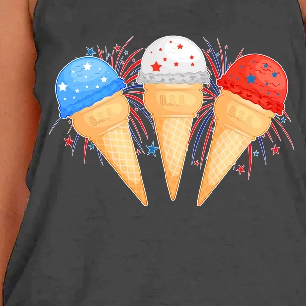 Red White and Blue USA American Ice Cream Cones Women's Knotted Racerback Tank