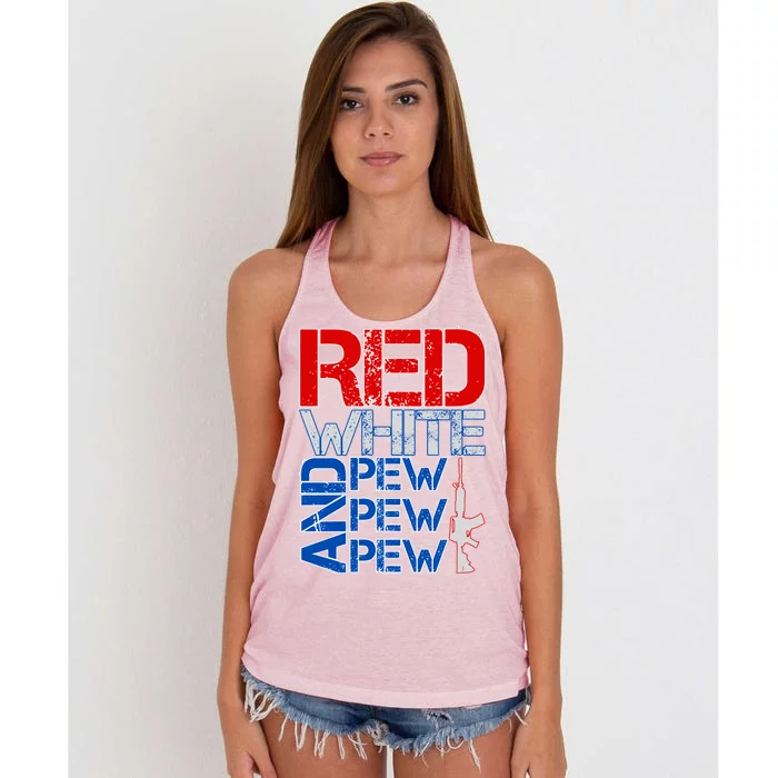 Red White And Pew Pew Pew USA Guns Women's Knotted Racerback Tank